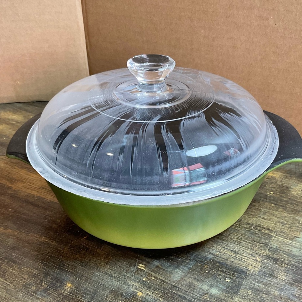 Fire-King Anchor Hocking Avocado Green 1 QT Casserole Dish w/ Clear Dome Lid